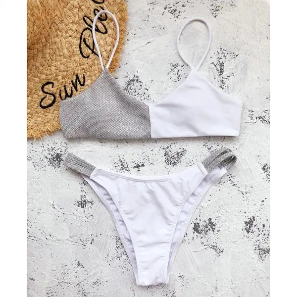 Shiny Patchwork Bikini Set - 2 Tone