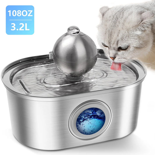 Cat Water Fountain, 108 Fl Oz / 3.2 L Stainless Steel Pet Water Fountain Cat Dog Automatic Water Dispenser for Pets