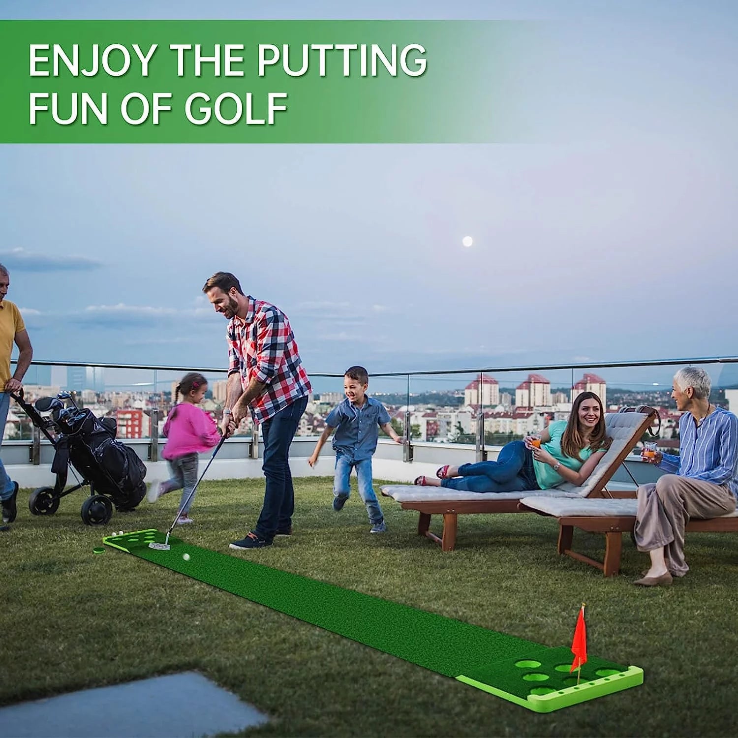 Golf Pong Putting Game Set with Front Border for Indoor&Outdoor, Golf Putting Green Mat Includes 8Pcs Golf Balls & Portable Bag,Golf Putting Practice Training Aid for Backyard,Party,Office